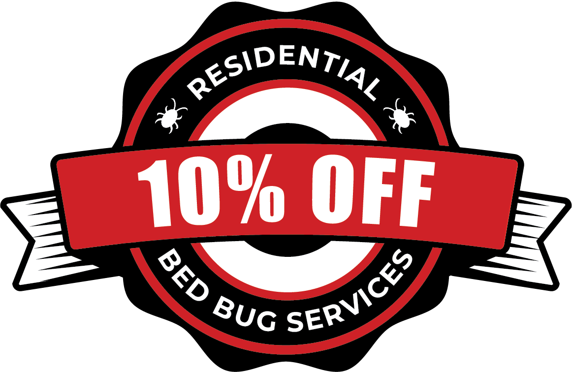 10% off residential bed bugs services badge that is red and black.