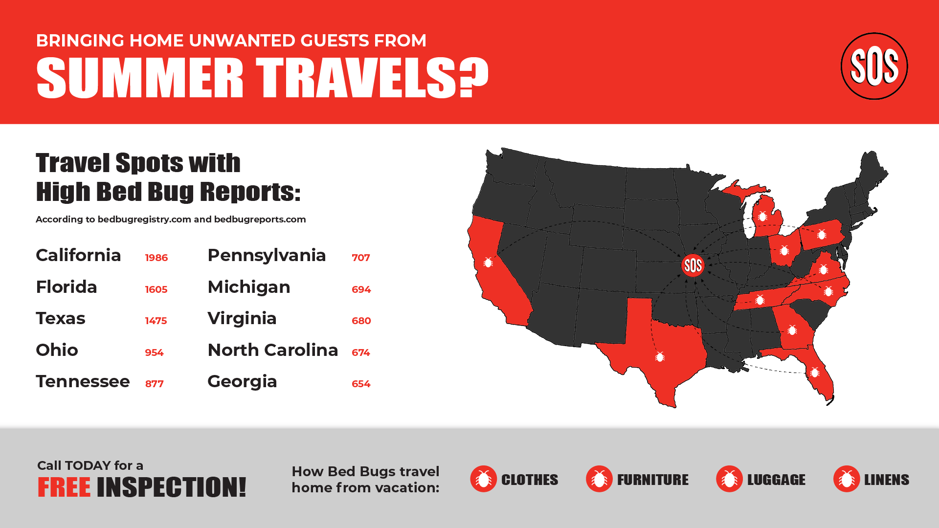 Infographic that shows summer travel destinations that have many counts of bedbugs.