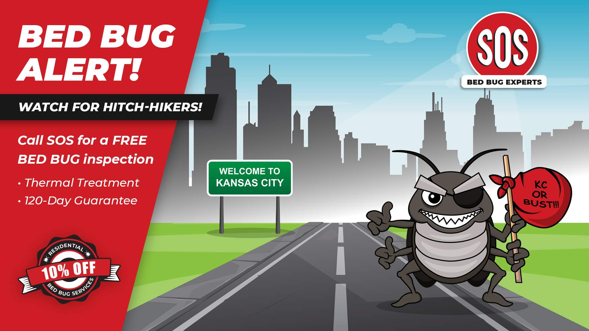 Cute drawing of a bed bug as he is hitchhiking to kansas city.