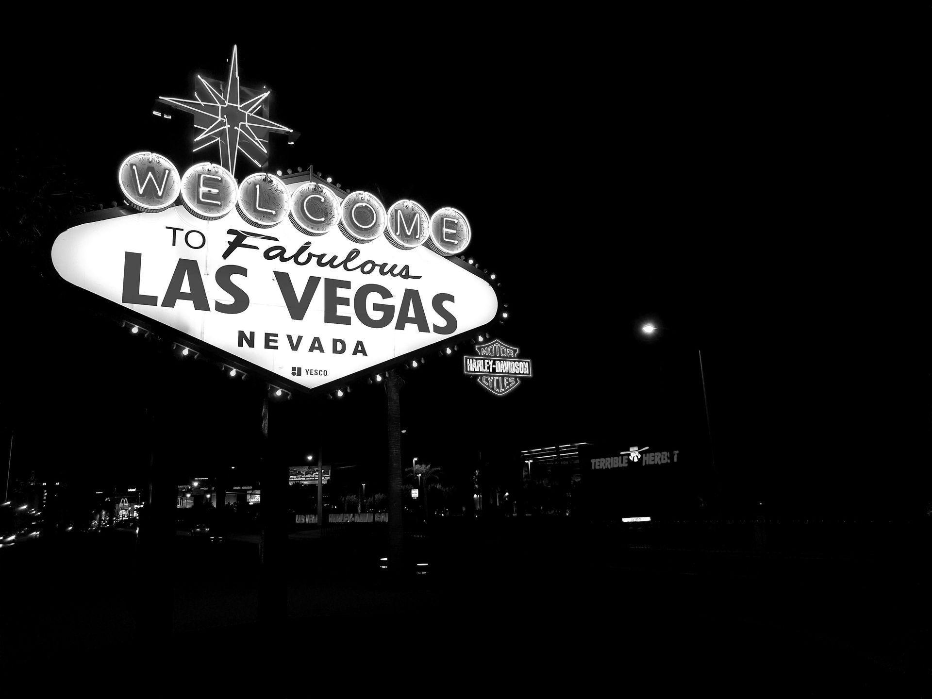 black and white image of the Las Vegas sign