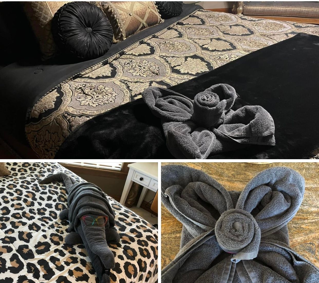 a collage of three pictures of a bed with a leopard print comforter
