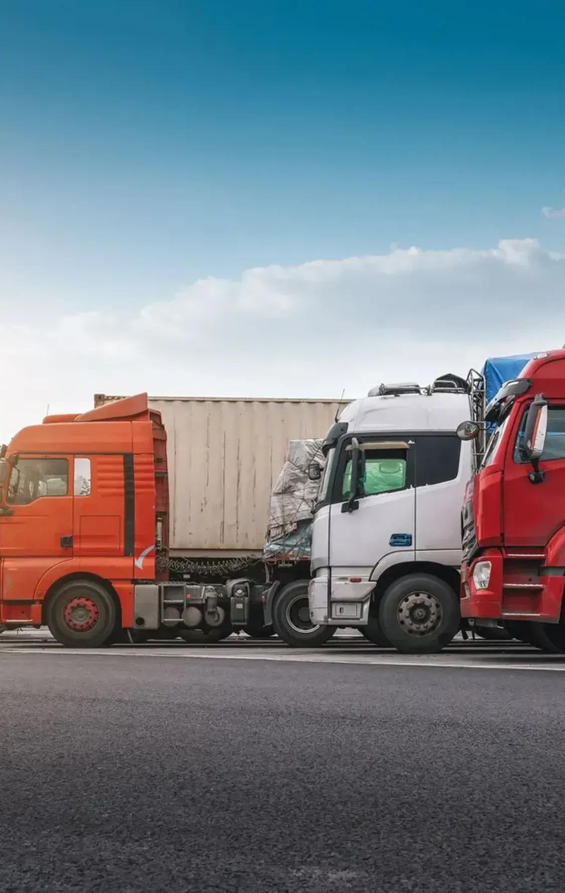 A row of semi trucks parked on the side of the road.