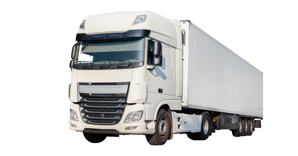 A white semi truck with a trailer on a white background.
