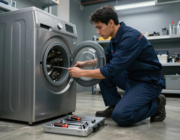 Técnico reparando lavadora