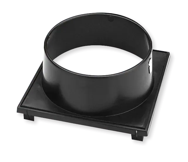 Black Plastic Dust Collection Port With a Square Base and Round Opening — Cumming Airconditioning & Sheetmetal in Ryan, QLD