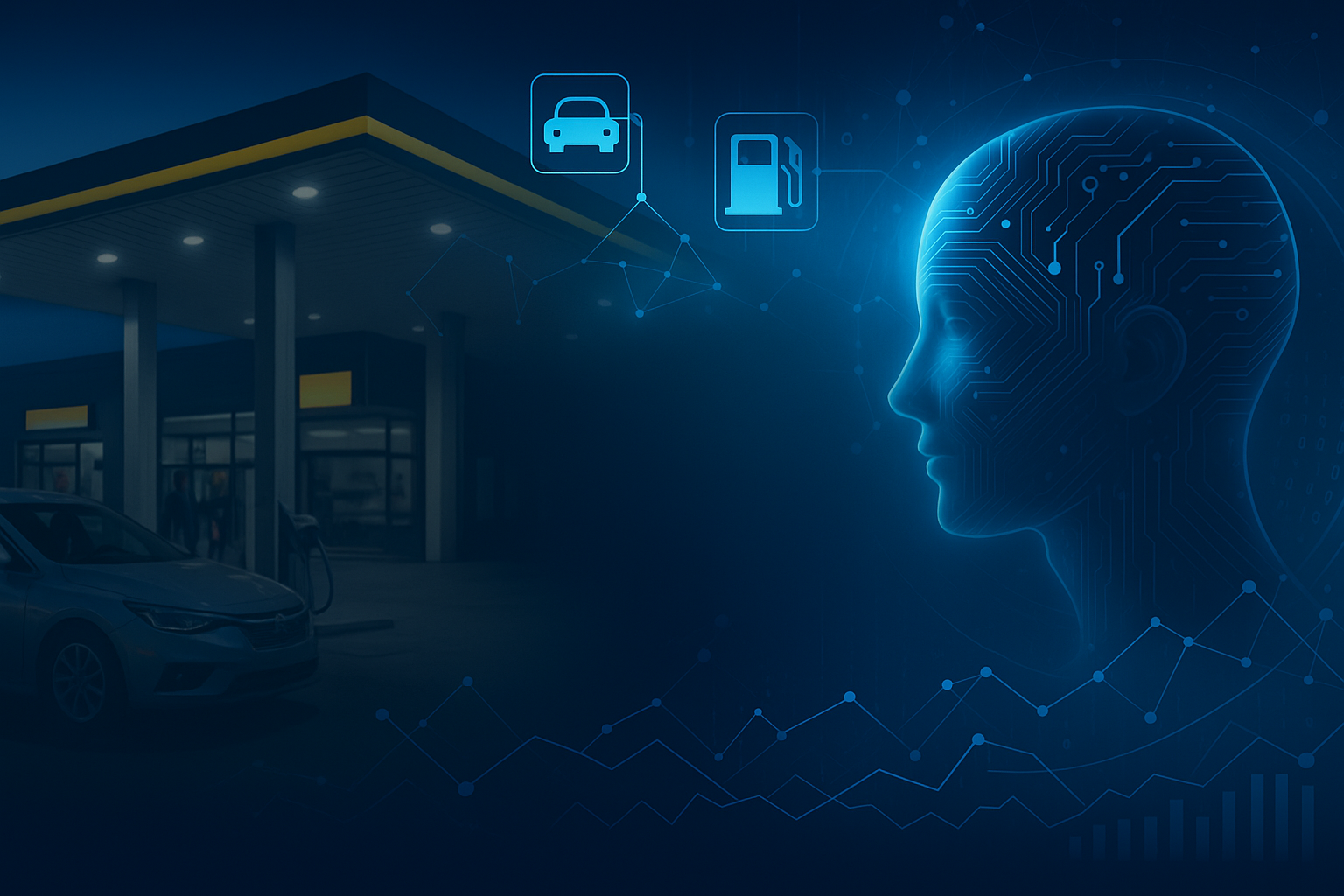 Gráfico azul: um posto de gasolina com um carro, e silhueta brilhante de um cérebro humano.