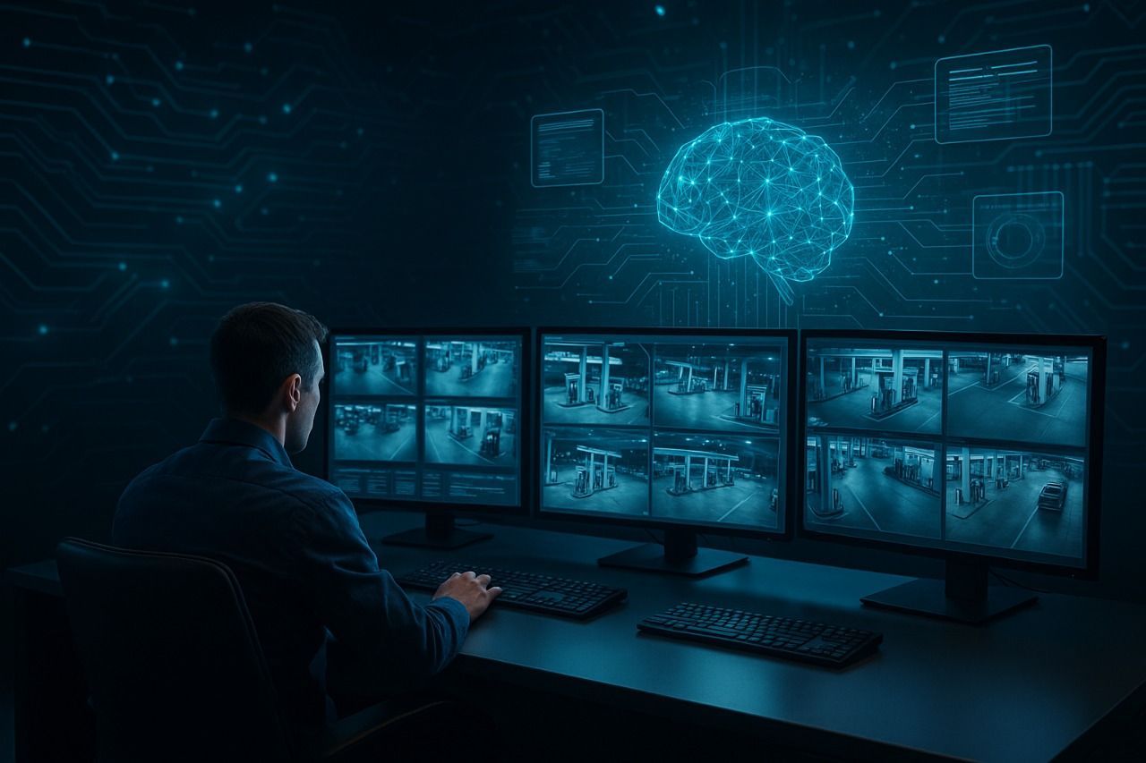 Uma pessoa monitora várias transmissões de câmeras de segurança em um sistema de computador.