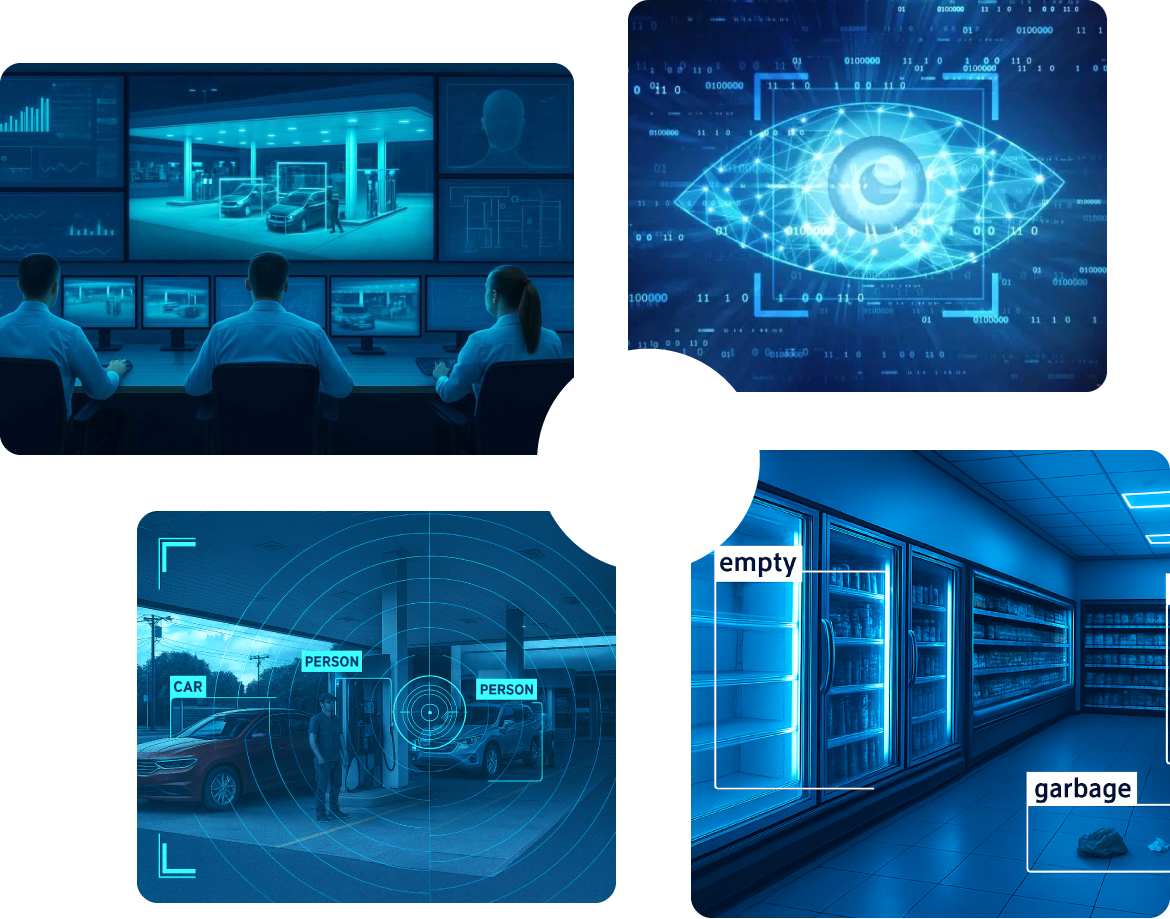 Colagem: Sala de controle, sistema de detecção digital, posto de gasolina com detector de veículos.