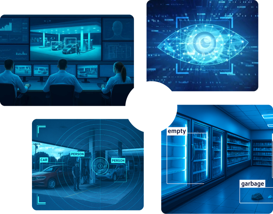 Colagem: Sala de controle, sistema de detecção digital, posto de gasolina com detector de veículos.