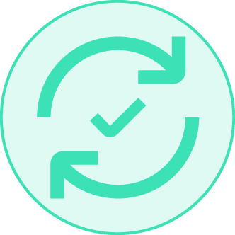 Círculo roxo com duas setas girando em torno de uma marca de seleção.