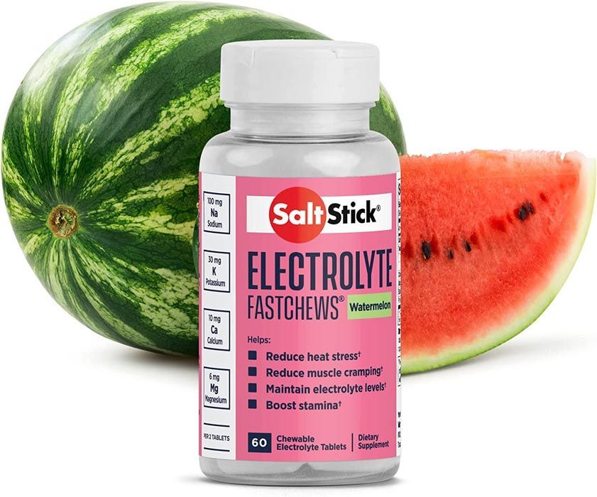 Bottle of SaltStick Electrolyte Fastchews next to a watermelon and slice.