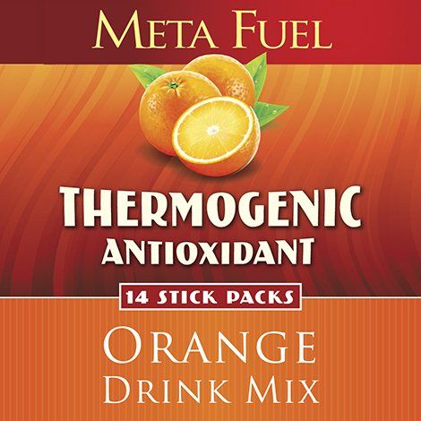 Meta Fuel orange drink mix box with oranges and text: Thermogenic, Antioxidant, 14 stick packs.