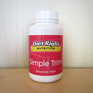 White bottle of Diet Right Simple Trim supplement, red label, yellow banner, says 