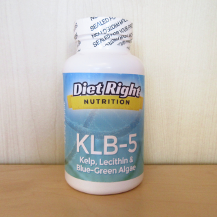White bottle of Diet Right KLB-5 supplement; the label lists ingredients: kelp, lecithin, and blue-green algae.