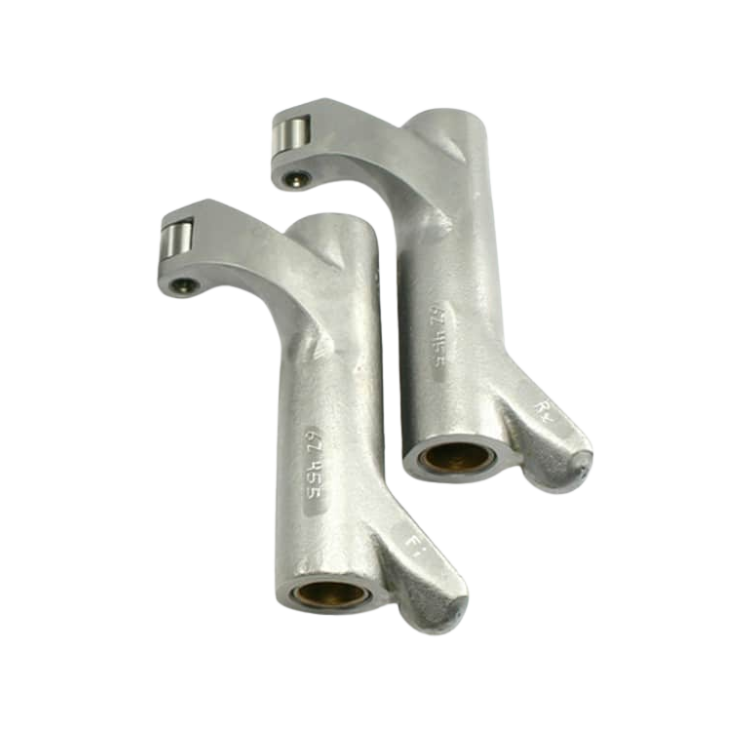 A pair of aluminum rocker arms for a motorcycle on a white background.