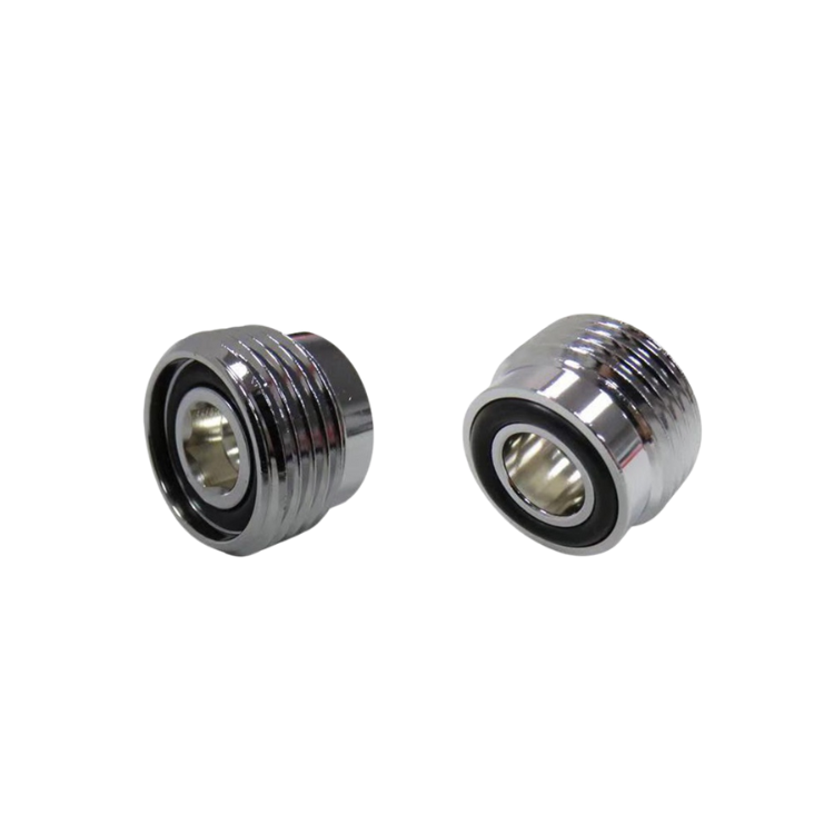 A pair of metal fittings with a hole in the middle on a white background.