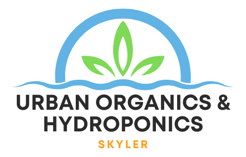 Logo for Urban Organics & Hydroponics: blue arch, green leaves, wavy blue lines, and text.