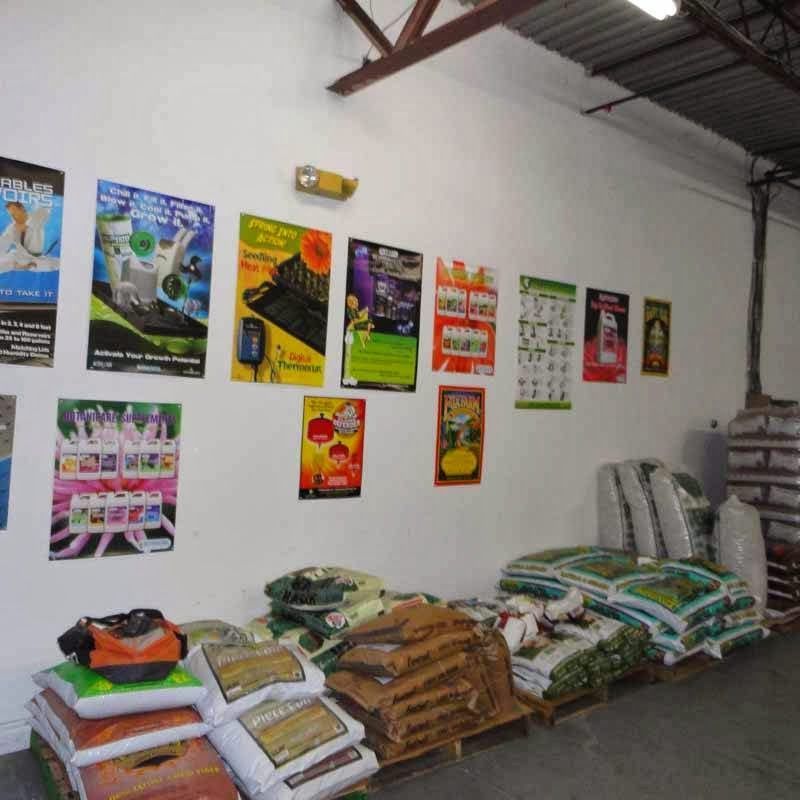 Bags of material on pallets and posters on a white wall in a store or warehouse.