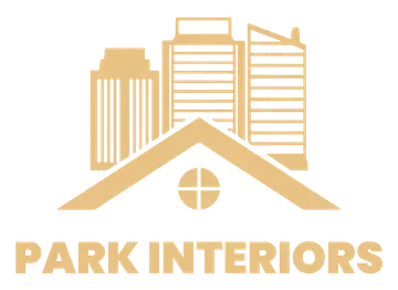 Logo for Park Interiors with a tan roof and buildings. Text says 