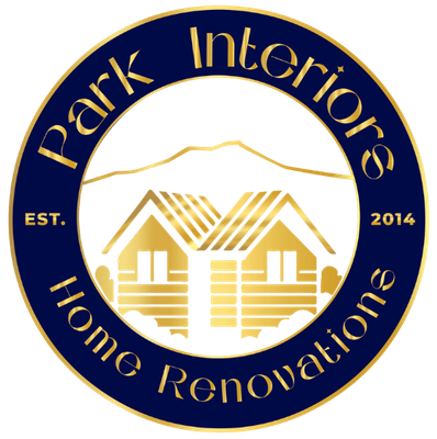 Logo for Park Interiors with a tan roof and buildings. Text says 