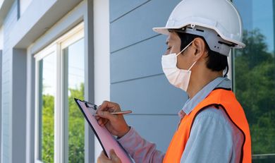 A person in a hard hat, face mask, and orange safety vest writes on a clipboard outdoors near a building.