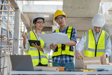Three construction professionals in safety gear review blueprints on a table with a laptop at an active building site.