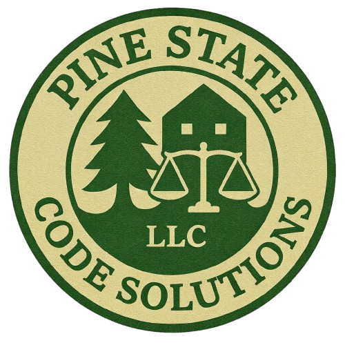 Logo for Pine State Code Solutions featuring a green pine tree, a building, and a set of scales on a light circular field.