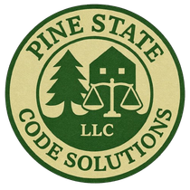 Logo for Pine State Code Solutions featuring a green pine tree, a building, and a set of scales on a light circular field.