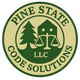 Logo for Pine State Code Solutions featuring a green pine tree, a building, and a set of scales on a light circular field.