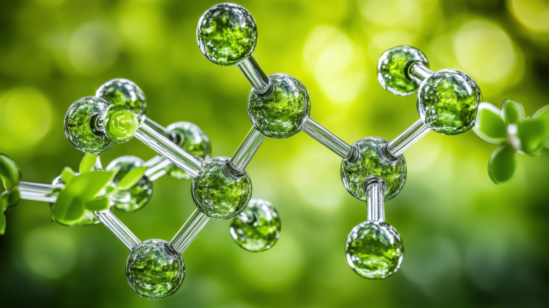 Green molecular model, representing a scientific or biological concept, with a blurred green background.