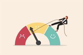 Manager pulling an arrow from unhappy to happy improving employee engagement and motivation mid-year