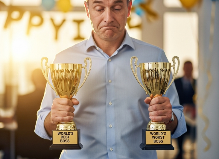 Image of a manager holding a trophy showing good vs poor employee relations