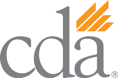 The cda logo is gray and orange and has a r on it