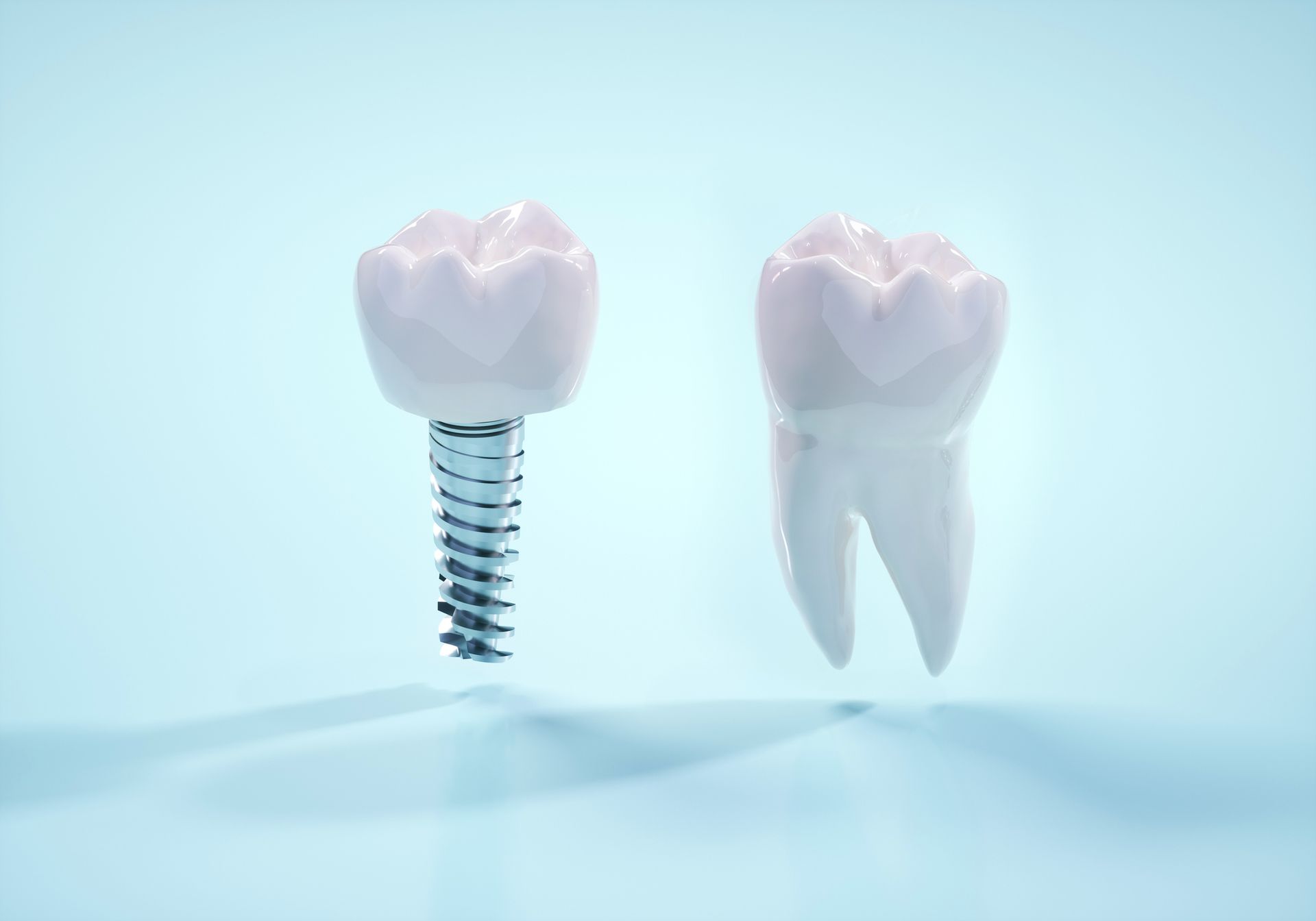 Digital generated image of tooth implant and real tooth on blue background.