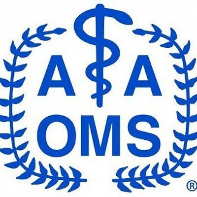 A logo for aa oms with a caduceus and laurel wreath