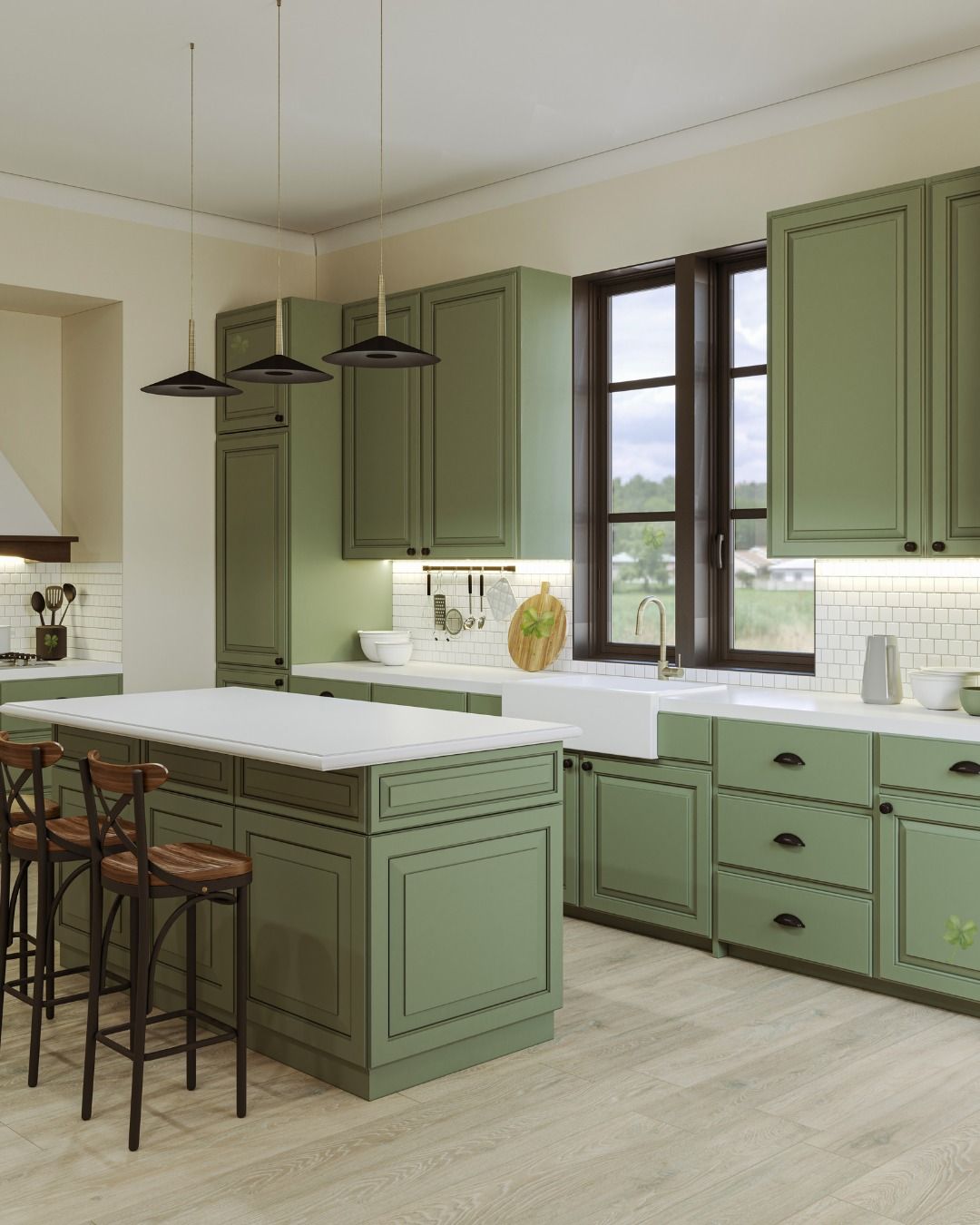 A kitchen with green cabinets and white counter tops