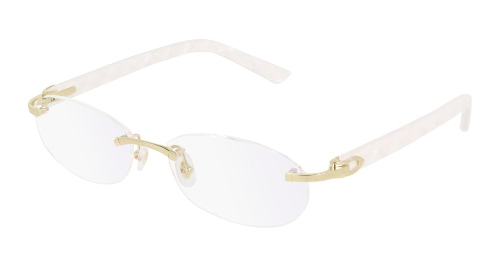 A pair of rimless glasses with a gold frame on a white background.