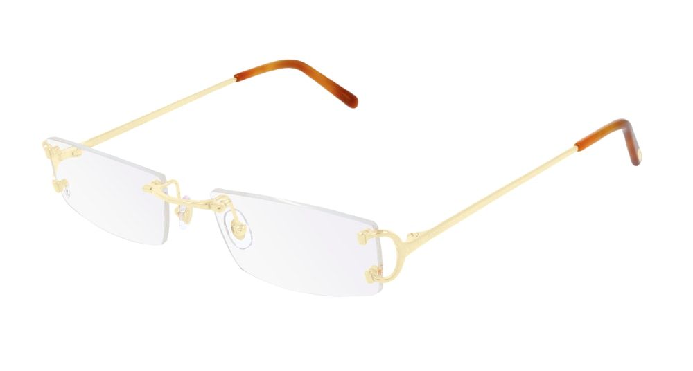 A pair of glasses with a gold frame and brown arms on a white background.