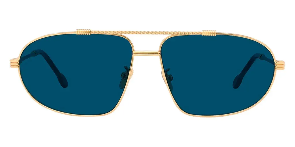 A pair of sunglasses with blue lenses on a white background.