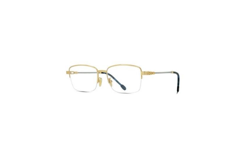 A pair of gold glasses on a white background.