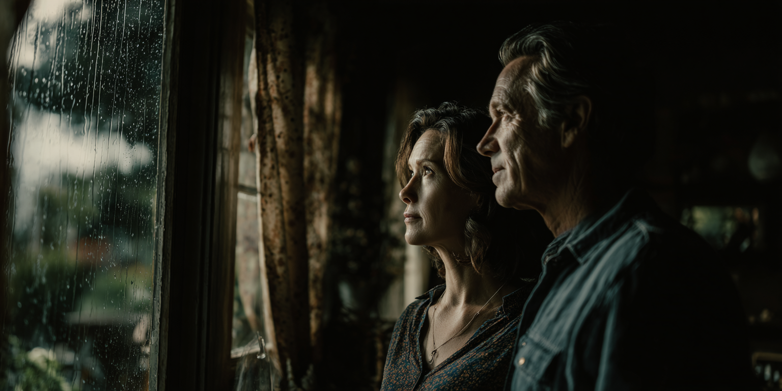 A woman and a man look out of a window at a rainy scene.