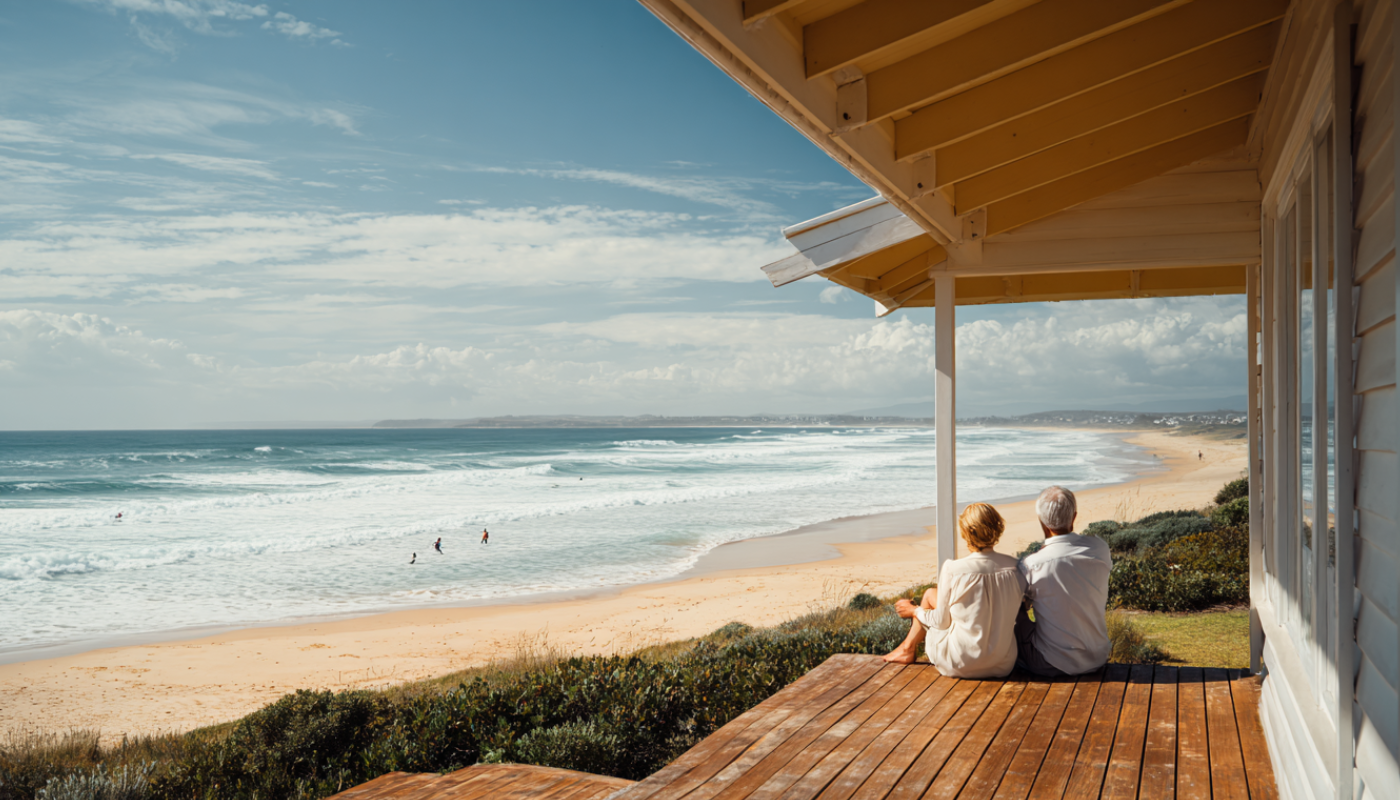 Couple sits on a porch, overlooking a beach and ocean on a sunny day.