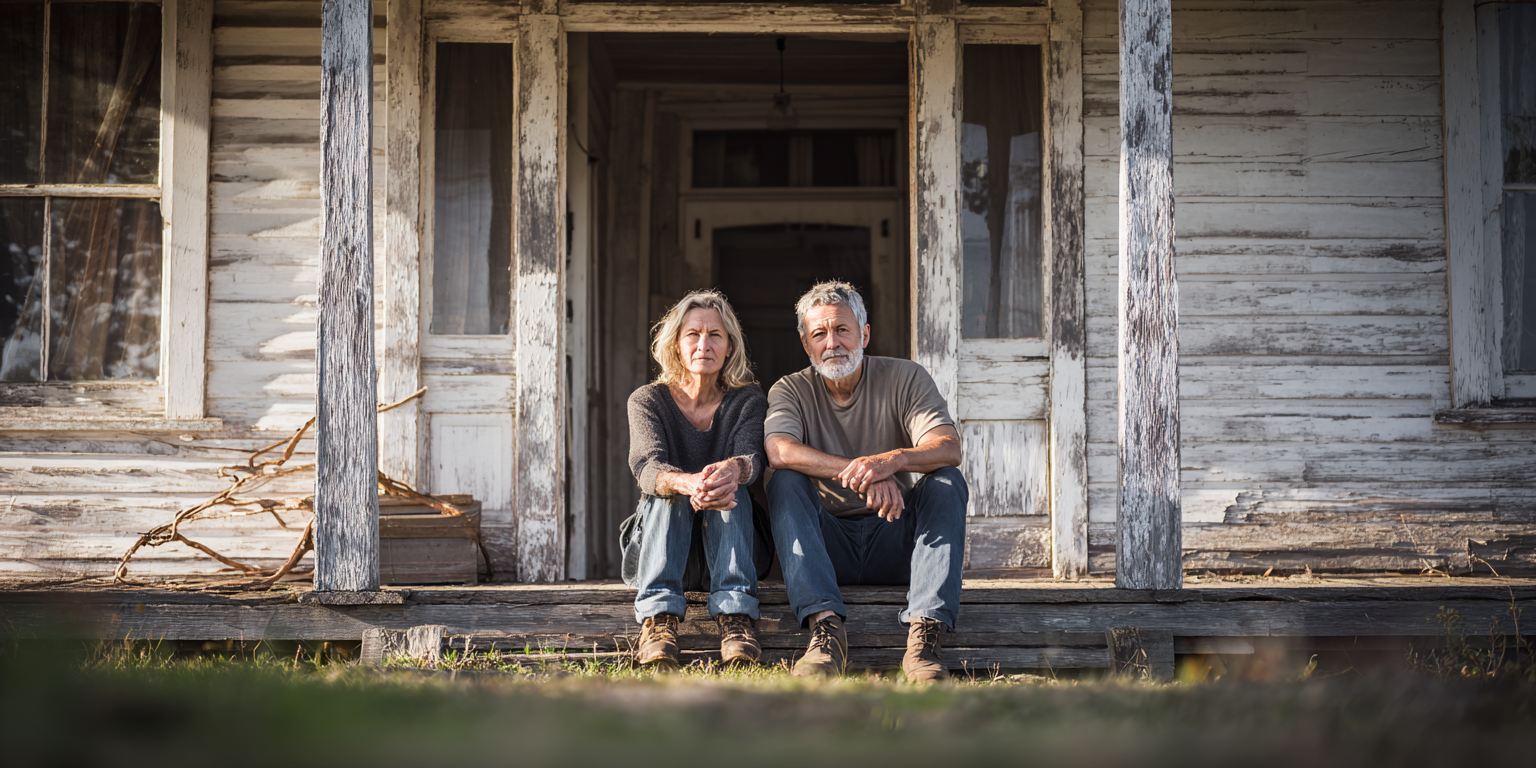 Couple sitting on the porch of a weathered house.