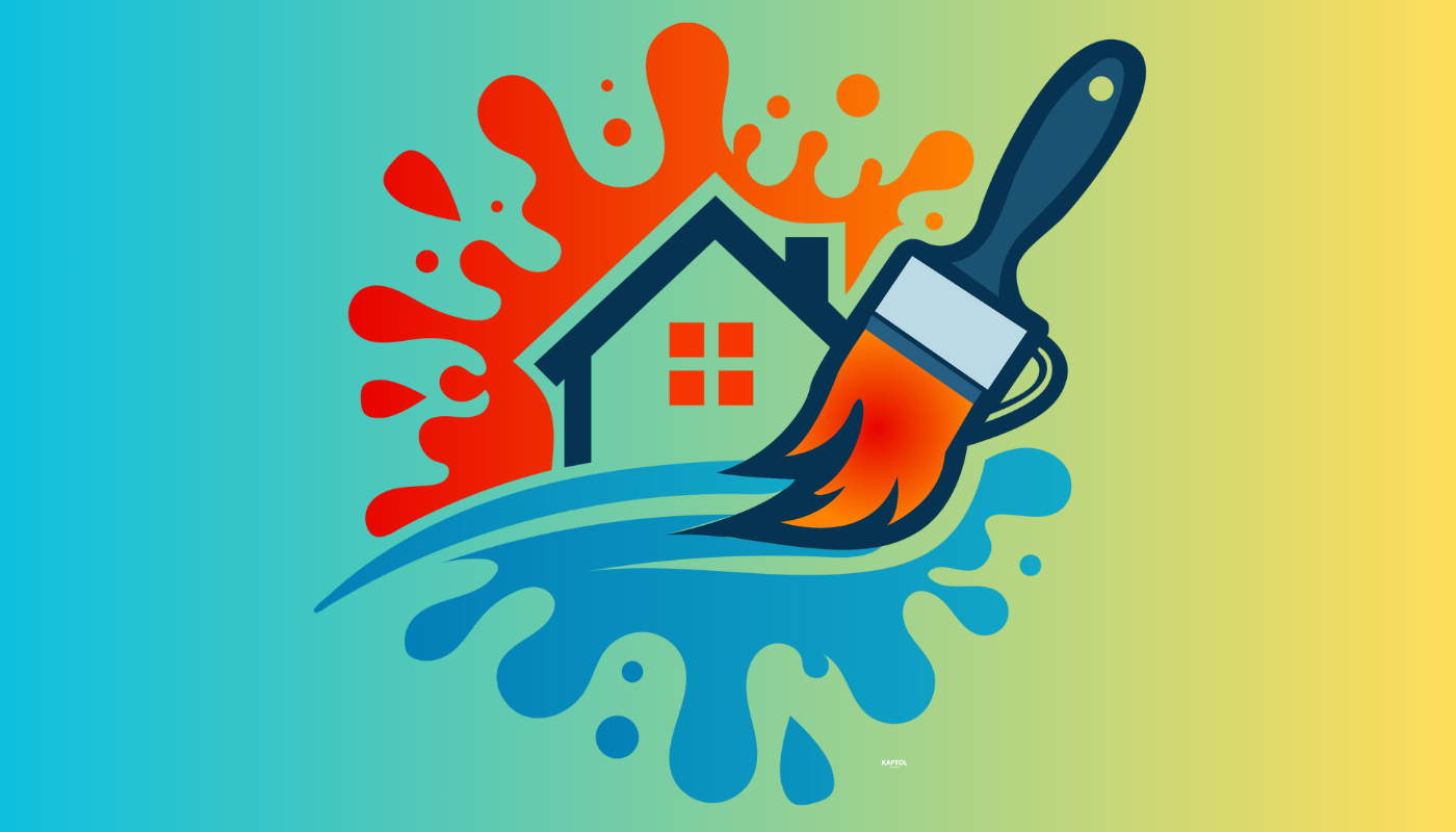 A house is painted with a brush and splashes of paint.