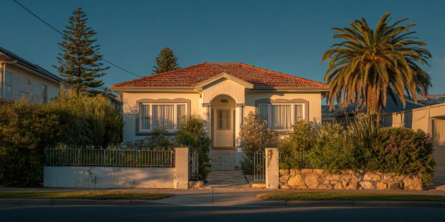 Beige house with a red-tiled roof, flanked by trees and bushes, on a sunny street.