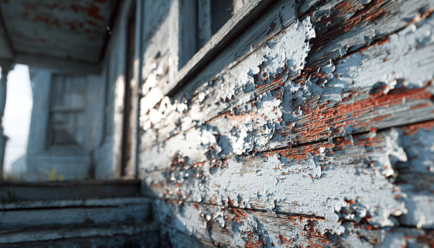 Close-up of weathered white paint peeling from a wooden house exterior, revealing red paint underneath.