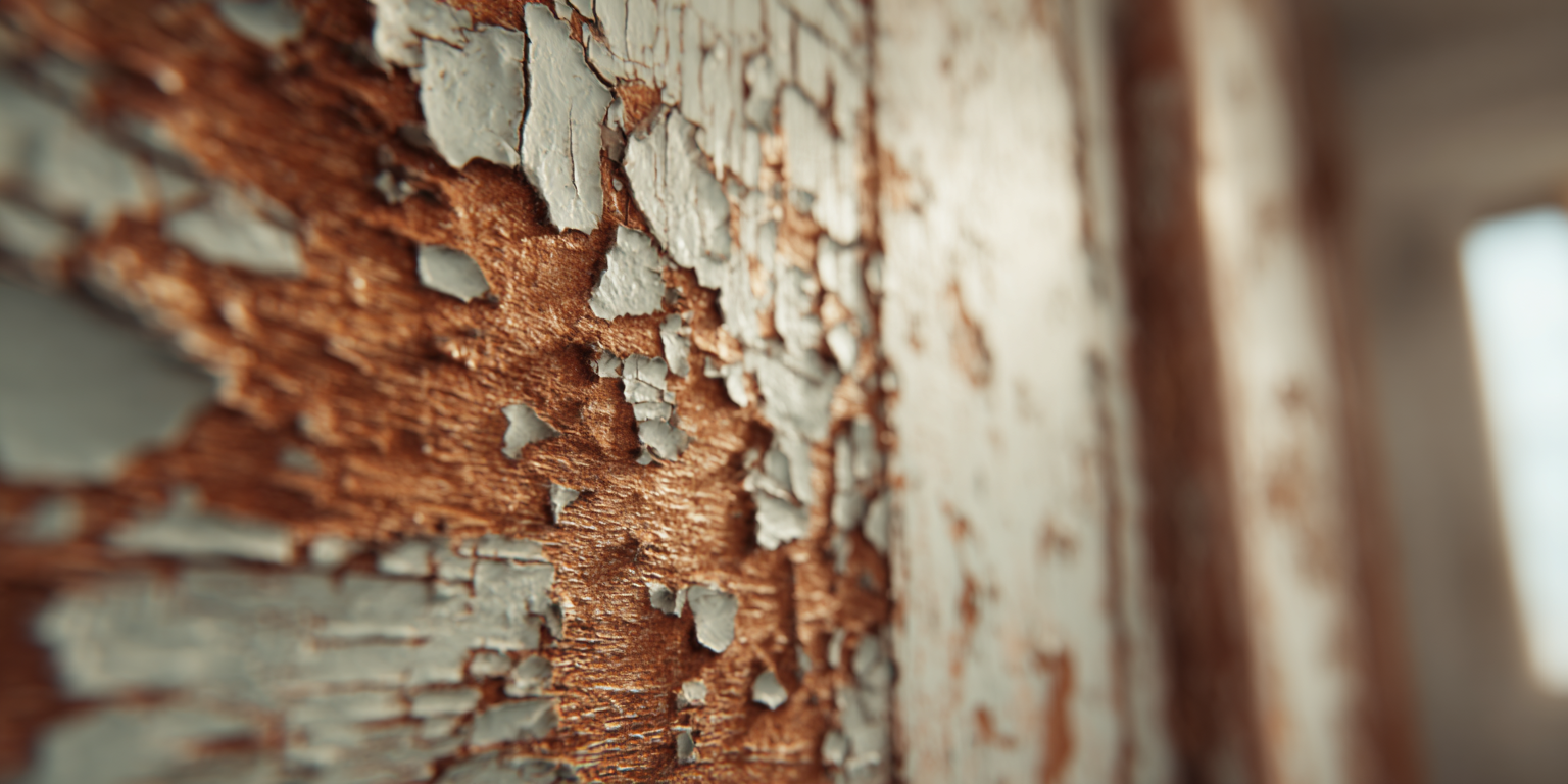 Close-up of peeling paint on weathered wood. The paint is gray and brown.