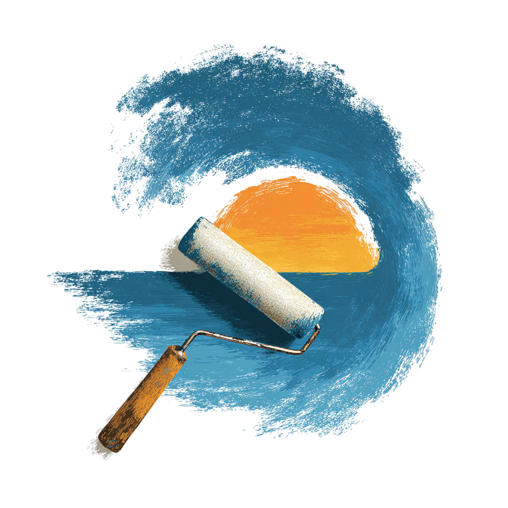 A paint roller applies a textured coat of blue paint over a yellow sunset, covering the bottom half of the orange sun.