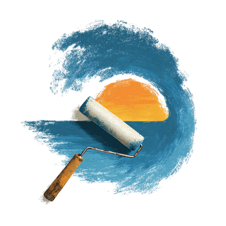 A paint roller applies a textured coat of blue paint over a yellow sunset, covering the bottom half of the orange sun.