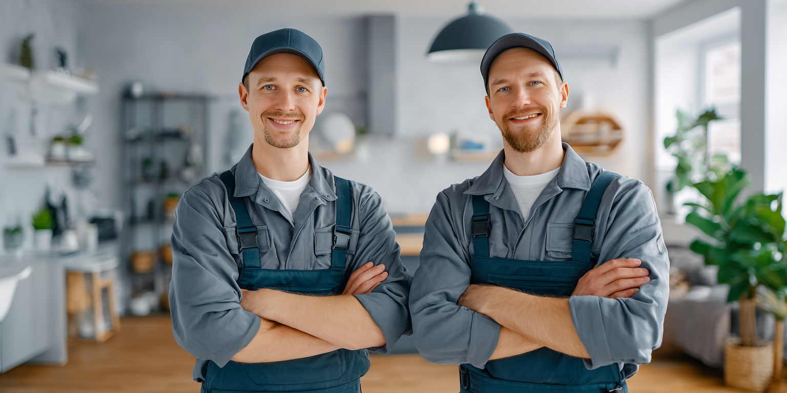 Two smiling men in work clothes with arms crossed in a kitchen.